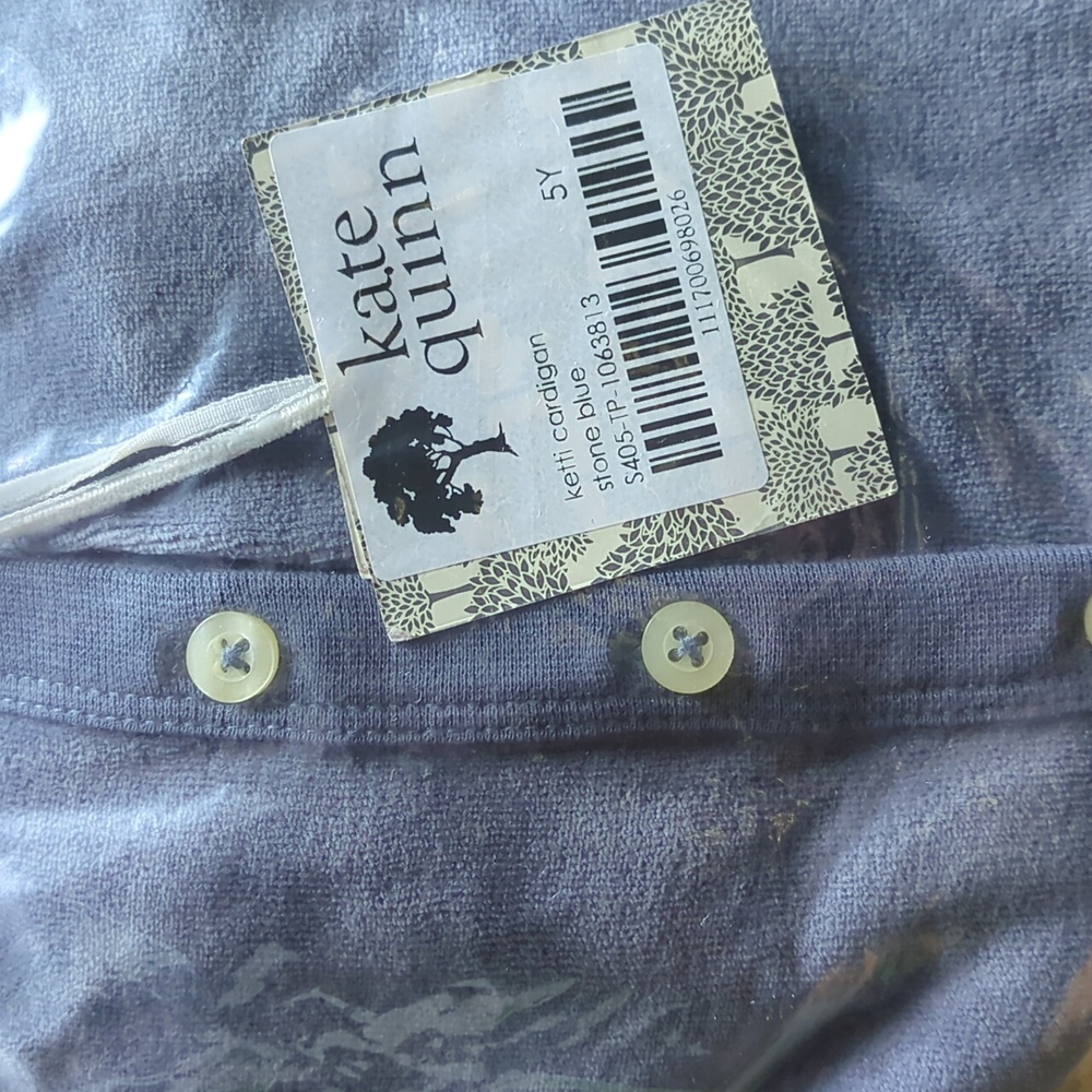 NWT 5Y Kate Quinn Ketti Cardigan V-neck Stone Blue Cotton Velour